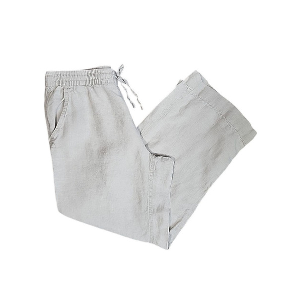 LL Bean Wide Leg Linen Pants Women 14 Tan Drawstring Elastic Waist Beach Coastal - Picture 1 of 11